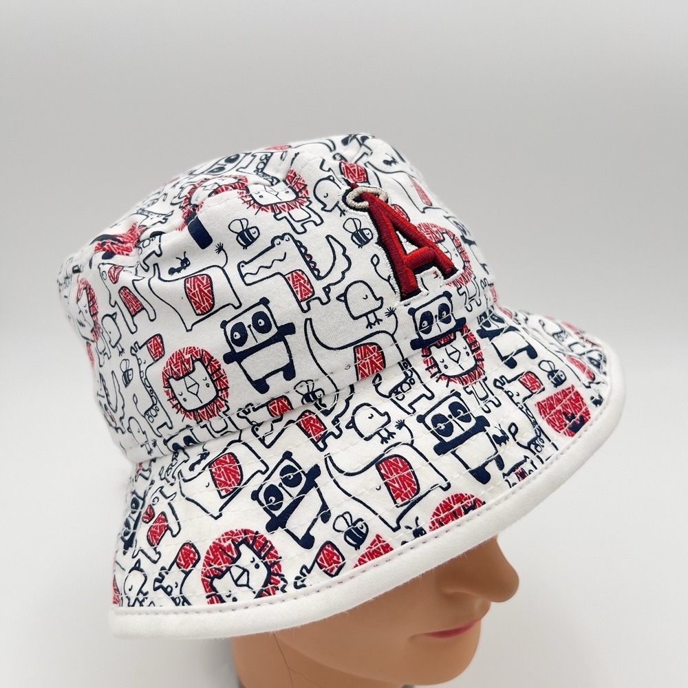 New Era Youth Los Angeles Angels Bucket Hat White AOP Cartoon Print Cotton Cap